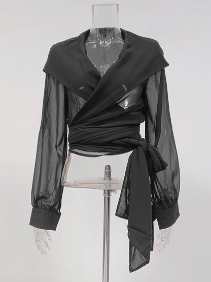 Woman wearing Solid Sheer Mesh Slimming Hooded Shirt in a casual setting