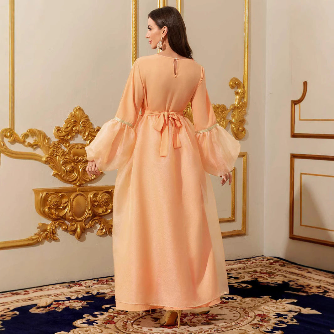 Belted Long Sleeve Robe Dress | Tajstylo