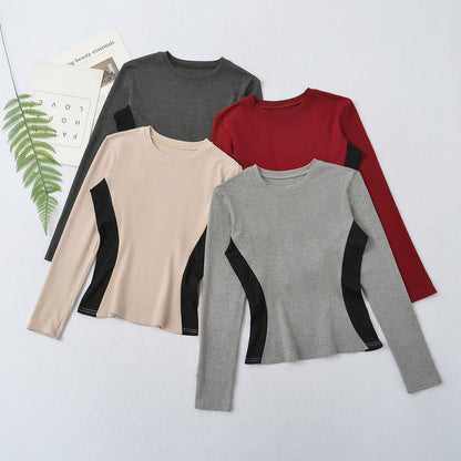 Woman wearing Round Neck Color Block Long Sleeve Top in a casual setting