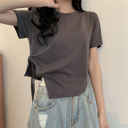 Irregular Drawstring Cropped T-Shirt | Tajstylo