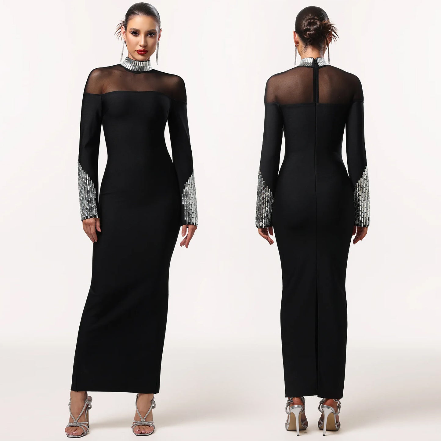 Elegant High Neck Long Sleeve Fitted Dress | Tajstylo