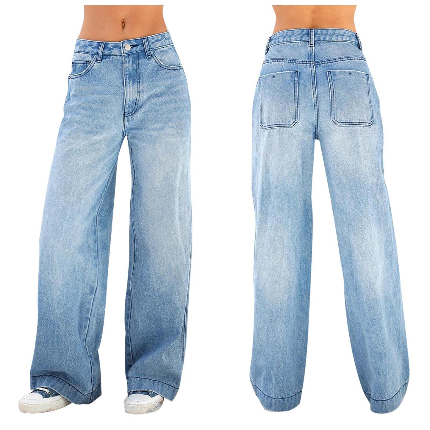 Woman wearing loose denim pants in a casual outdoor setting