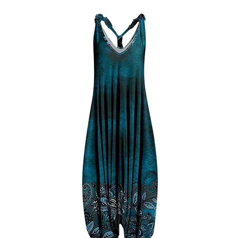 Woman wearing Printed Sleeveless Loose Knit Overalls in a city setting