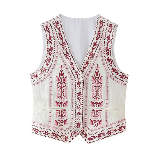 Woman wearing Embroidered Shoulder Jacket in a casual outdoor setting