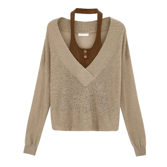 Woman wearing Faux Two-Piece Wool V-Neck Knit Sweater in a casual setting