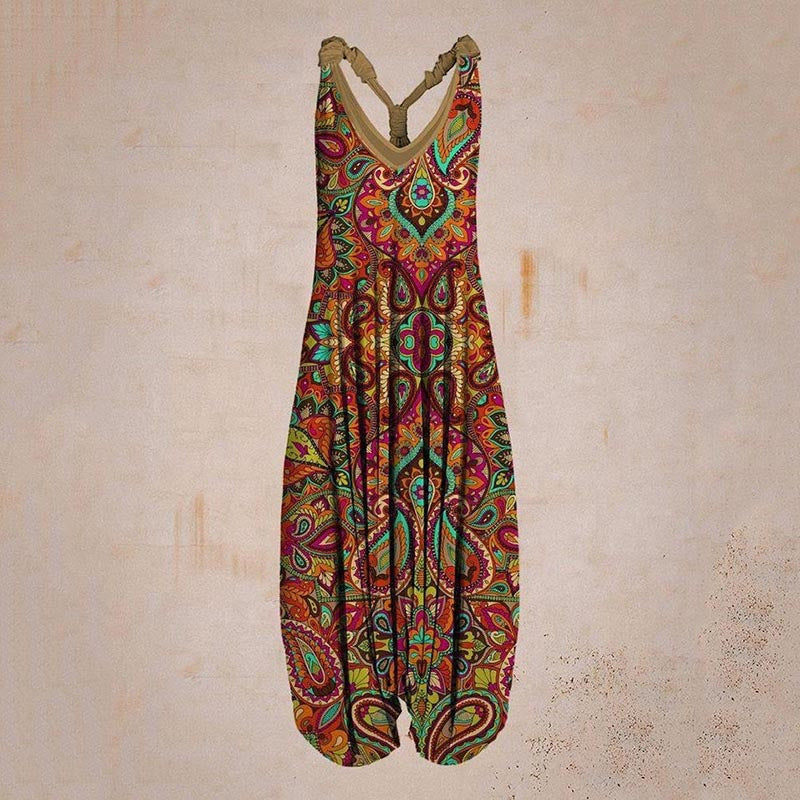 Woman wearing Printed Sleeveless Loose Knit Overalls in a city setting