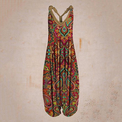 Woman wearing Printed Sleeveless Loose Knit Overalls in a city setting