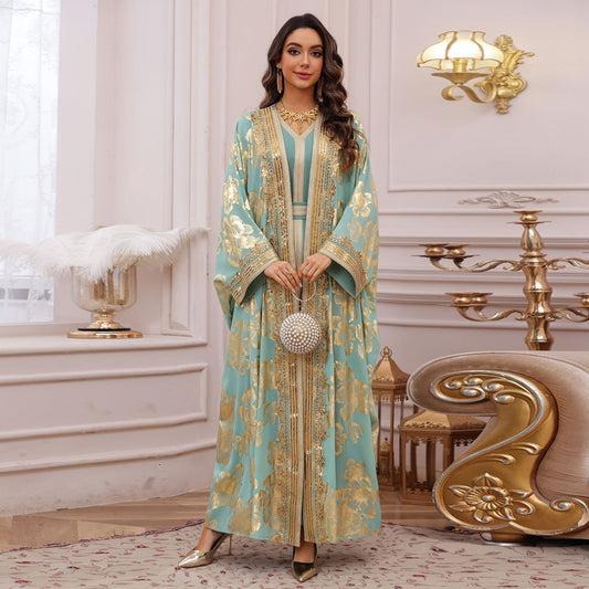 Gold Foil Trim Flared Two-Piece Dress Set | Tajstylo