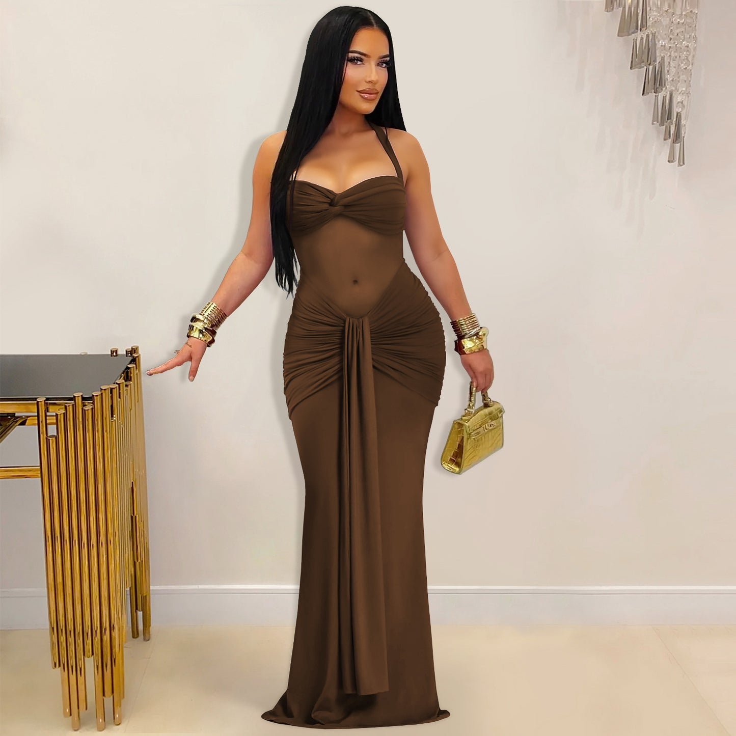 Sheer Mesh Halter Tie-Back Bodycon Dress | Tajstylo