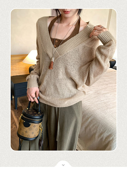 Faux Two-Piece Wool V-Neck Knit Sweater | Tajstylo