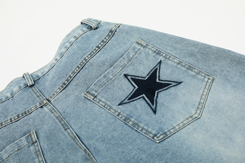 Five Pointed Star Embroidered Denim Cargo Pants | Tajstylo