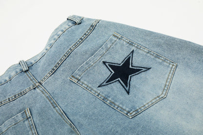 Five Pointed Star Embroidered Denim Cargo Pants | Tajstylo
