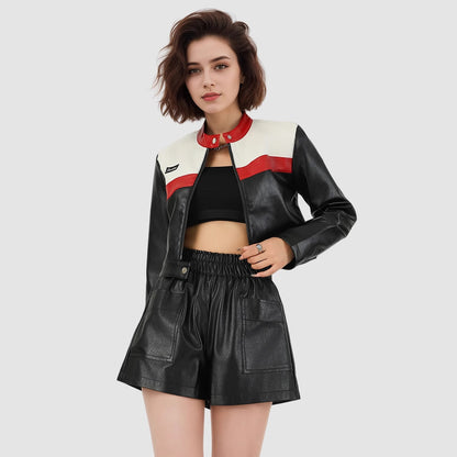 Woman wearing Splicing Short Jacket in a casual outdoor setting