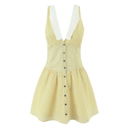 Woman wearing Yellow Deep V-Neck Slim Fit Dress in a sunny park