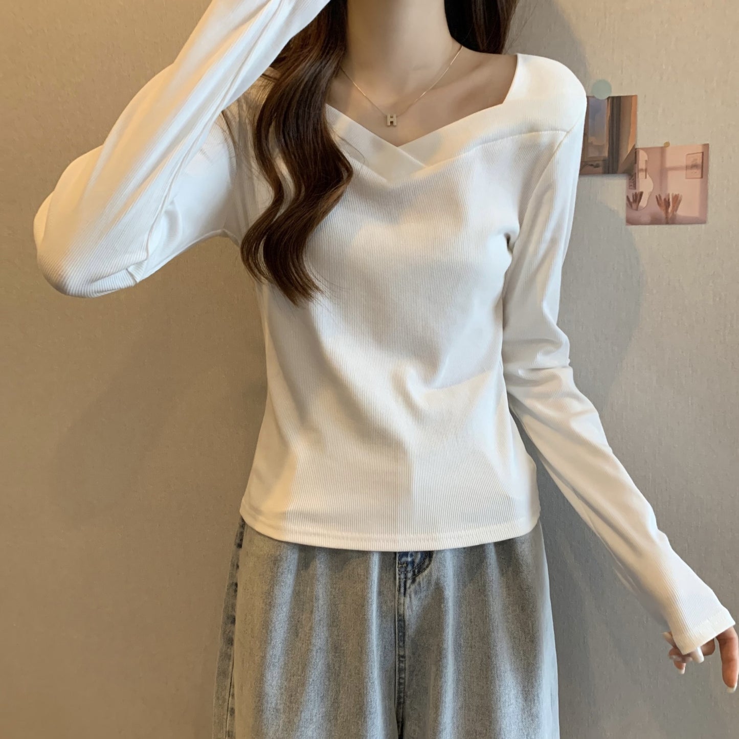 V Neck Long Sleeve Fleece Top | Tajstylo