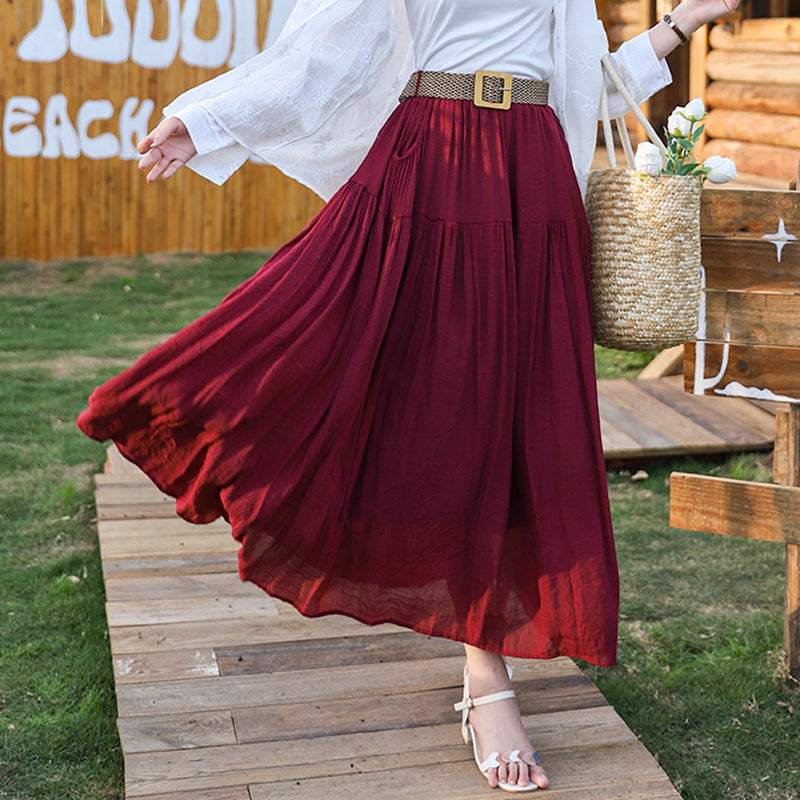 Woman wearing Belt Double Pocket Skirt in a casual outdoor setting