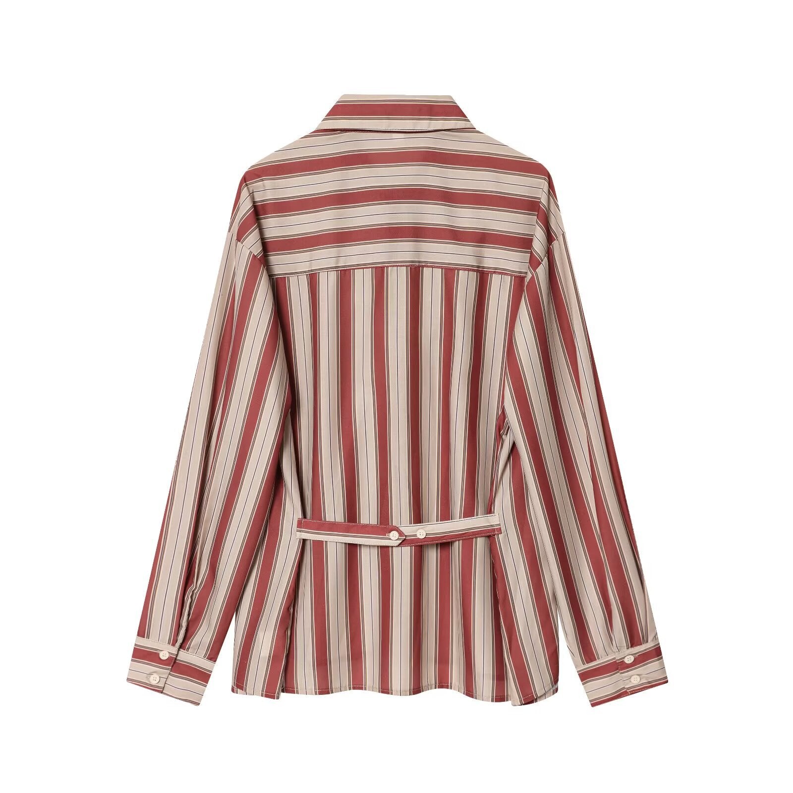 Woman wearing Back Strap Striped Shirt in a casual setting
