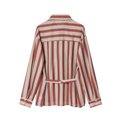 Woman wearing Back Strap Striped Shirt in a casual setting