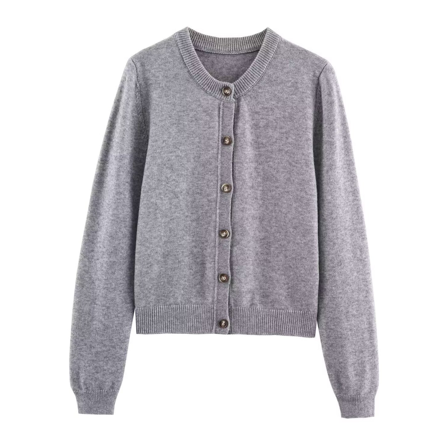 Woman wearing Round Neck Long Sleeved Knitted Cardigan Jacket in a stylish setting