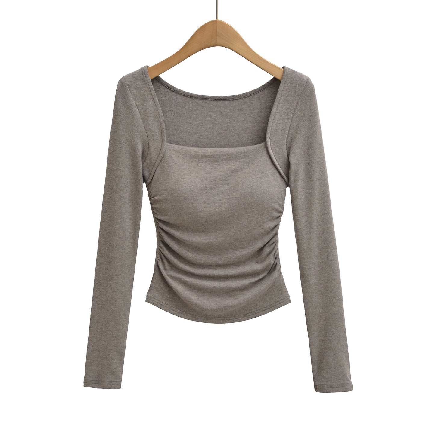 Square Neck Pleated Long Sleeve T-Shirt | Tajstylo