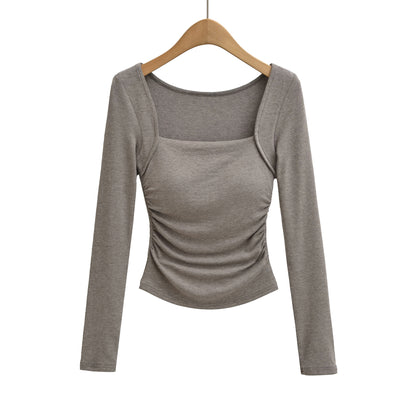 Square Neck Pleated Long Sleeve T-Shirt | Tajstylo
