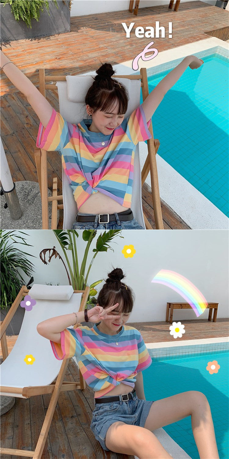 Rainbow Stripe Loose T Shirt | Tajstylo