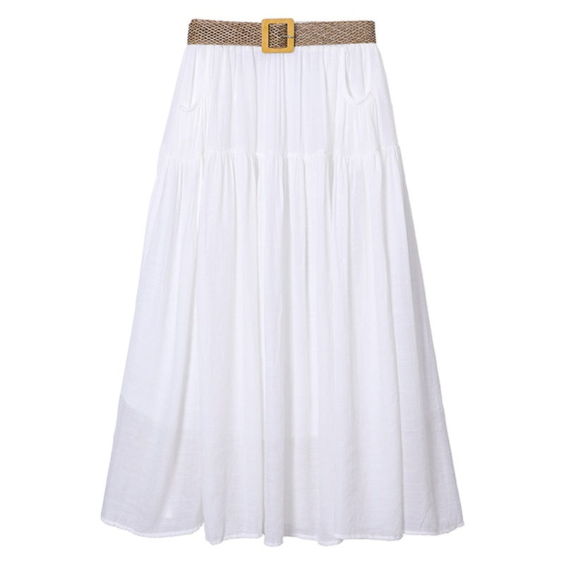 Woman wearing Belt Double Pocket Skirt in a casual outdoor setting