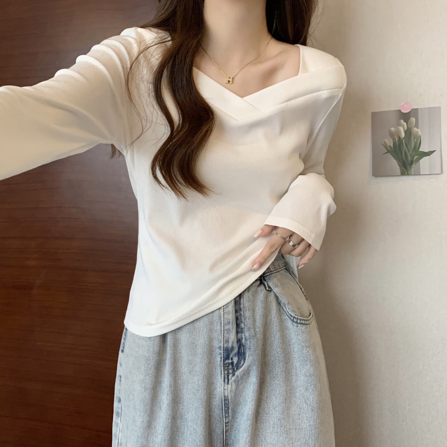 V Neck Long Sleeve Fleece Top | Tajstylo