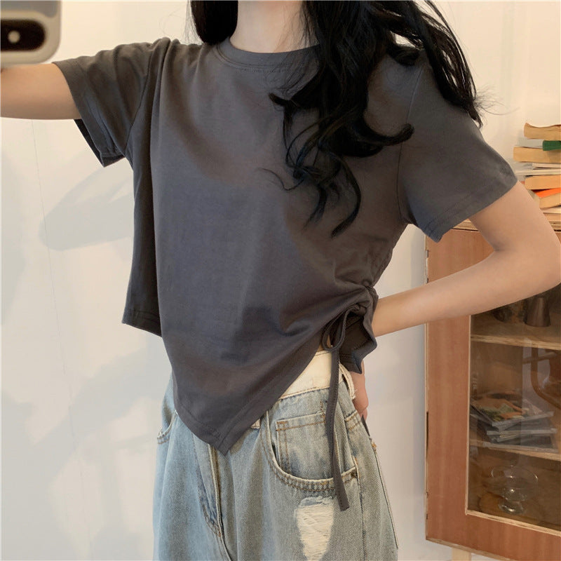 Irregular Drawstring Cropped T-Shirt | Tajstylo