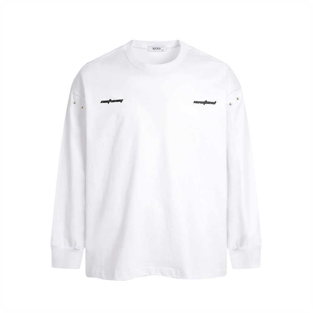 Woman wearing Letter Print Long Sleeve Loose Fit Cotton Shirt in a casual outdoor setting
