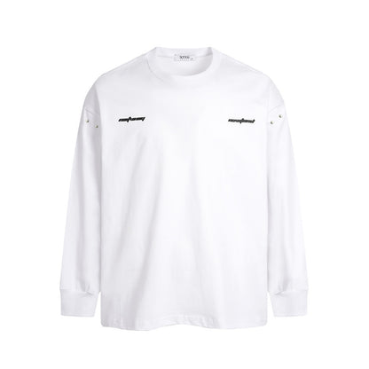 Woman wearing Letter Print Long Sleeve Loose Fit Cotton Shirt in a casual outdoor setting