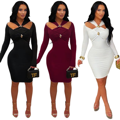 Woman wearing Solid Colour V-Neck Bodycon Midi Dress in a chic setting