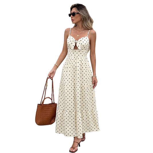 Hollow Lace Up Polka Dot Suspender Dress | Tajstylo