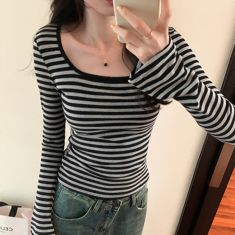 Woman wearing Square Neck Stripe Slim Fit Long Sleeve Top in a casual setting