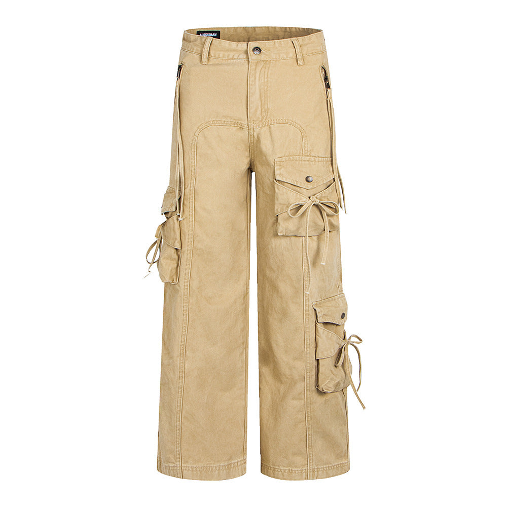 Woman wearing Spicy Girl Multi Pocket Bow Drawstring Cargo Flared Jeans in a casual setting