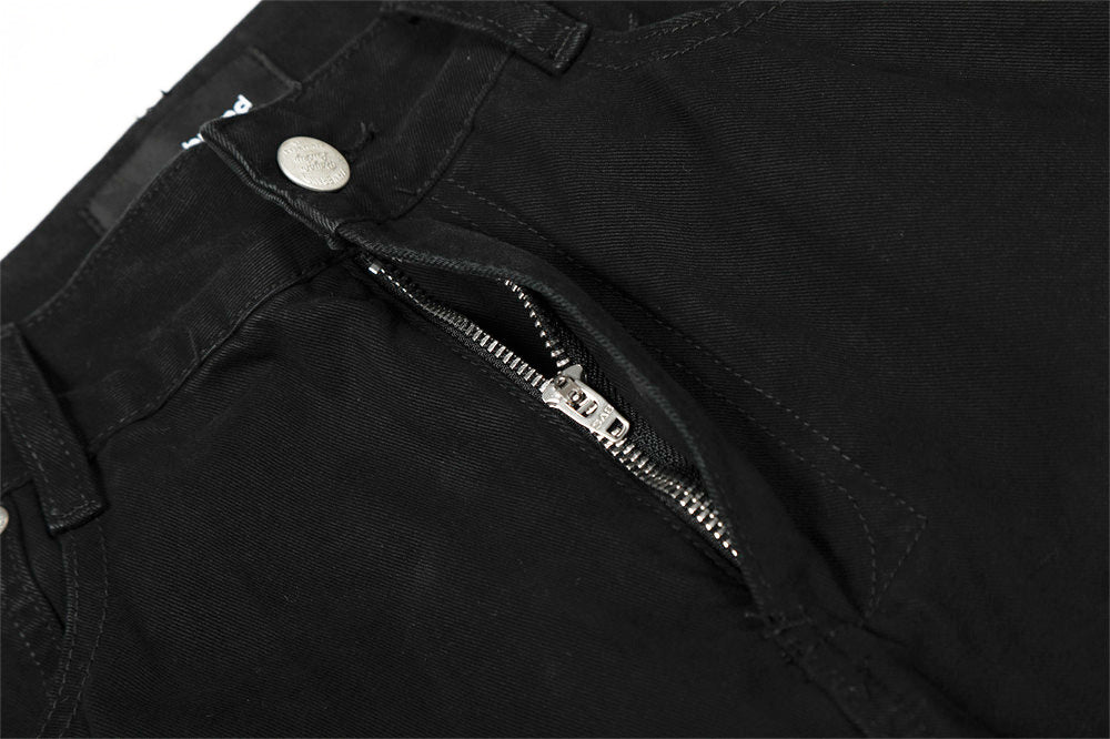 Distressed Black Denim Straight Leg Pants | Tajstylo