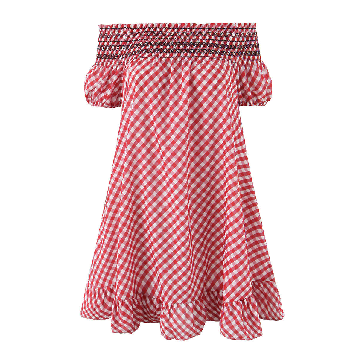 Woman wearing One-Shoulder Red Plaid Midi Dress in a casual setting