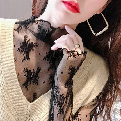 Woman wearing Transparent Korean Lace Blouse in a casual outdoor setting