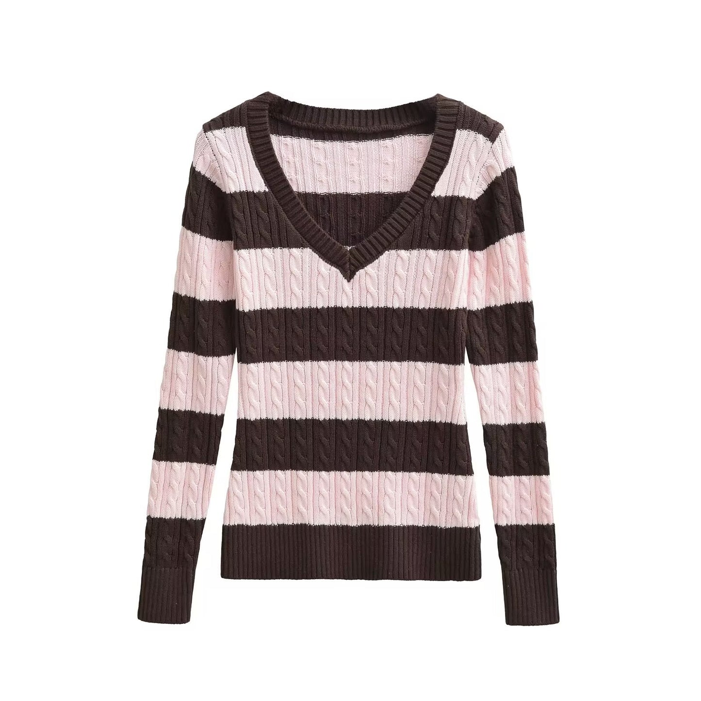 Woman wearing Slim Fit V-Neck Striped Sweater in a casual setting