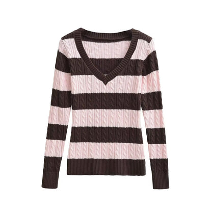 Woman wearing Slim Fit V-Neck Striped Sweater in a casual setting
