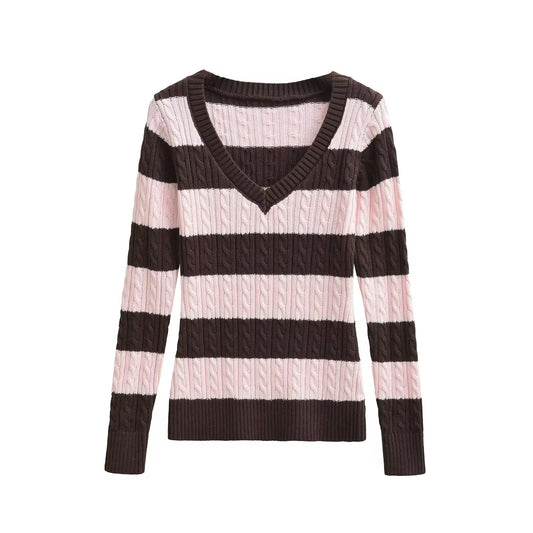 Woman wearing Slim Fit V-Neck Striped Sweater in a casual setting