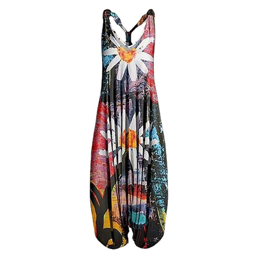 Woman wearing Printed Sleeveless Loose Knit Overalls in a city setting