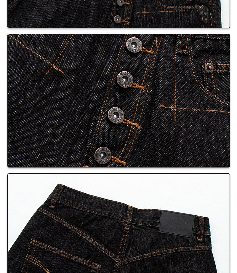 Retro Denim Pants with Gold Topstitching | Tajstylo