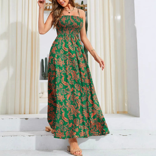 Woman wearing One-Shoulder Floral Print Maxi Dress in a sunny garden
