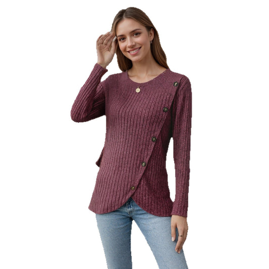 Woman wearing Slim Fit Round Neck Long Sleeve Pullover Top in a casual setting