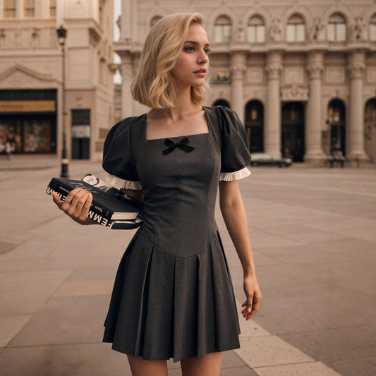 Square Neck Bubble Sleeve Mini Dress | Tajstylo
