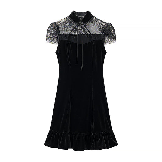 Lace Patchwork Stand Up Collar Dress | Tajstylo