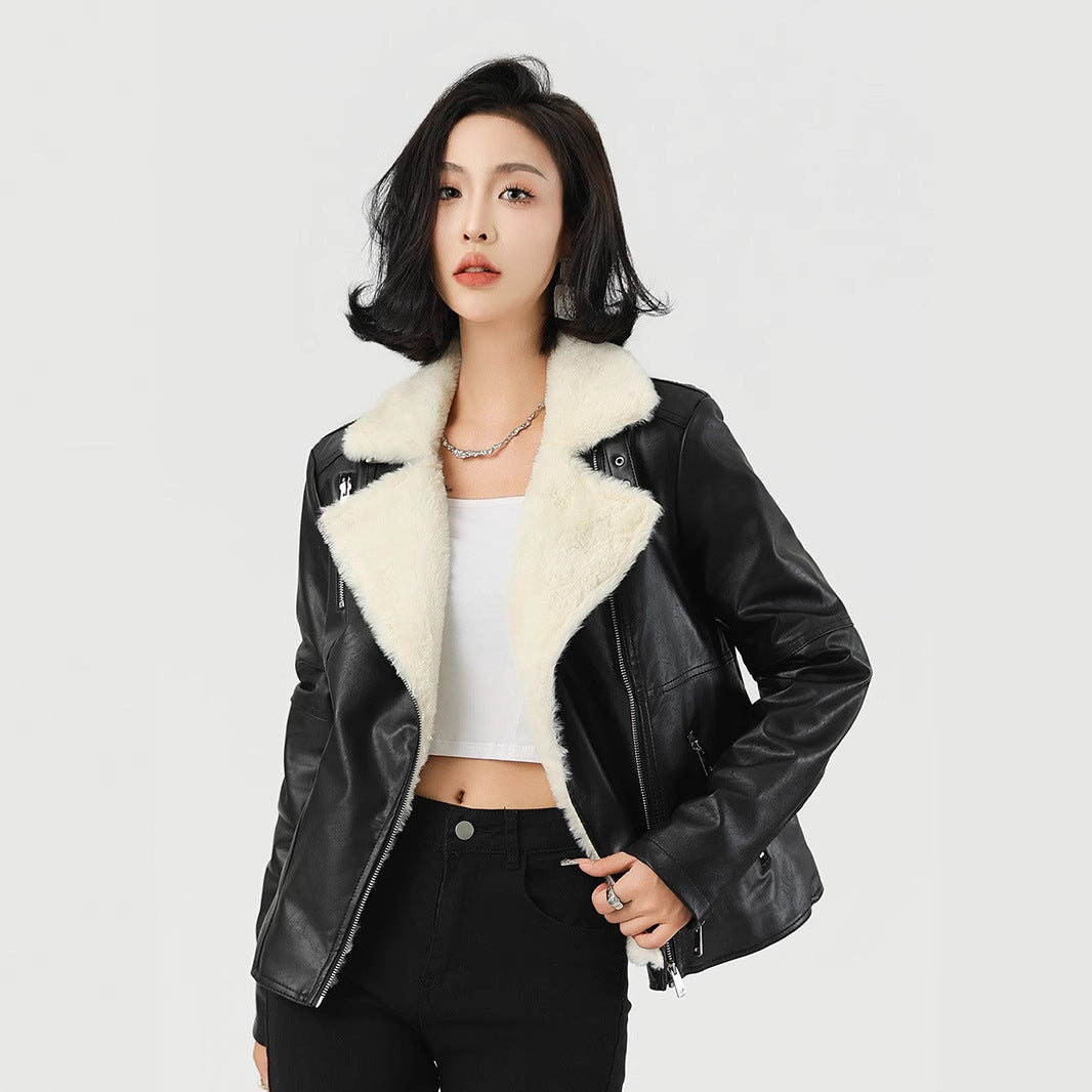 Woman wearing Thick Faux Leather Coat Jacket in winter setting