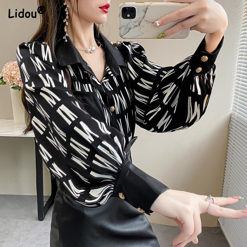 Woman wearing Office Lady Turn Down Collar Blouse in a professional setting
