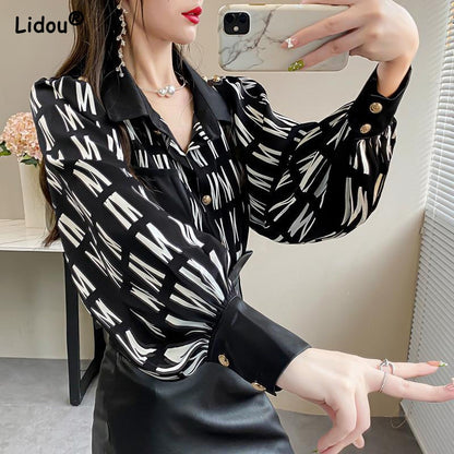 Woman wearing Office Lady Turn Down Collar Blouse in a professional setting